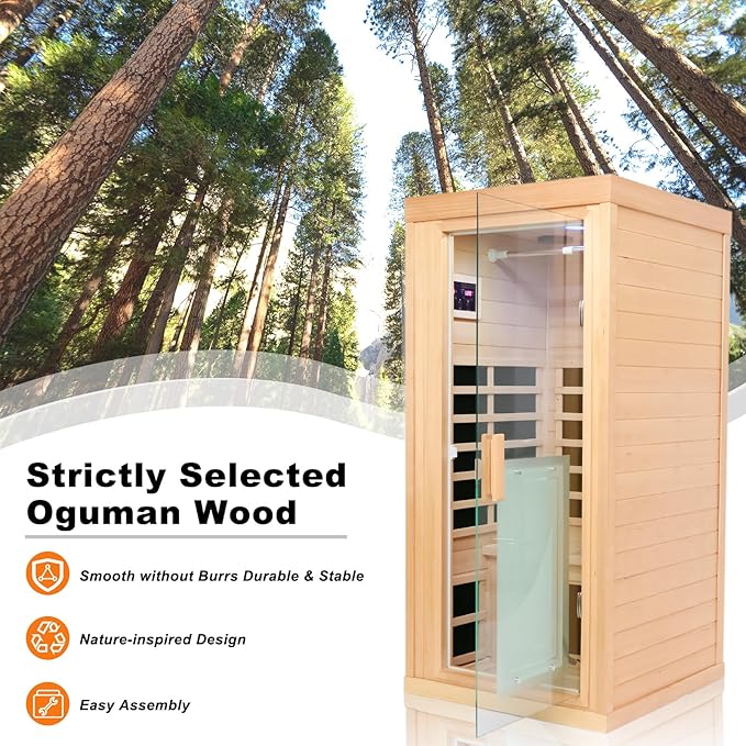 Far Infrared Sauna 1 Person, Infrared Sauna for Home, Low EMF 1350W/120V Infrared Indoor Saunas with Smart Display & Bluetooth Speaker, Extendable Clothes Rail, 32.28"x32.28"x66.92"