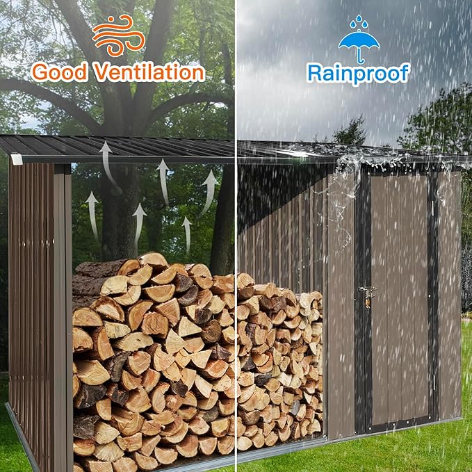 Firewood Rack Outdoor Metal Storage Shed,Two-in-one Function with Sloped Roof and Open Woodshed Design,Tall Door w/a Latch,Waterproof Building Organizer,for Motorcycle,Bicycles,Black+Brown