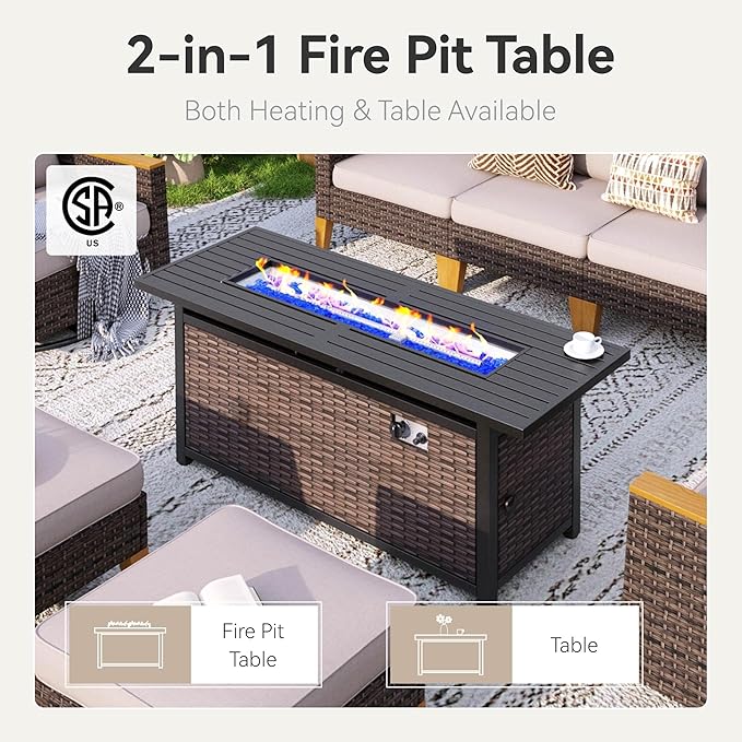 GREEN PARTY 7 Pieces Wicker Patio Furniture Set with 56" Fire Pit Table, All-Weather Outdoor Rattan Patio Half-Moon Curved Sectional Sofa Conversation Set for Garden, Backyard