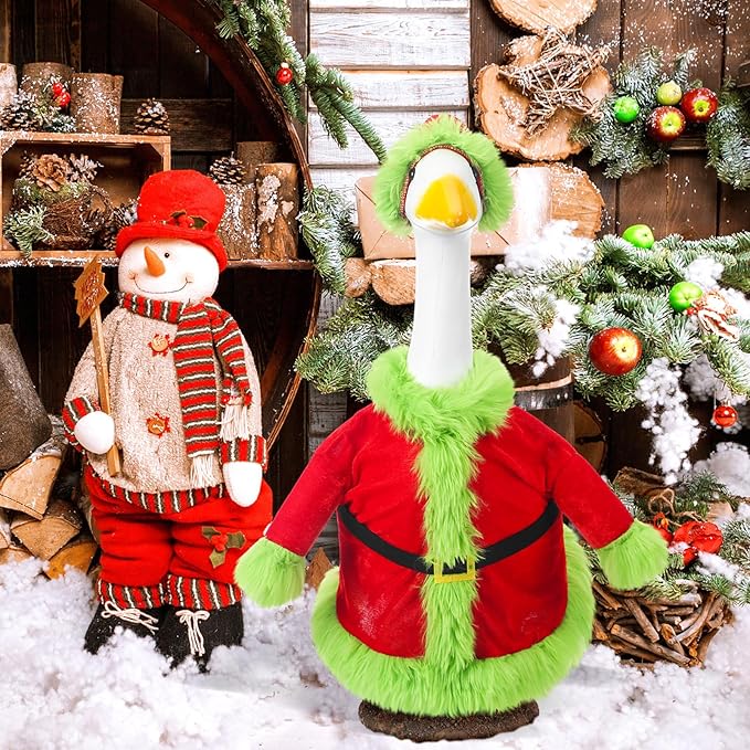Christmas Porch Goose Outfit for 23" High Cement or Plastic Green Santa Claus Costume Lawn Christmas Goose Outfit for Yard Lawn Outdoor Garden Patio Xmas Holiday Decor
