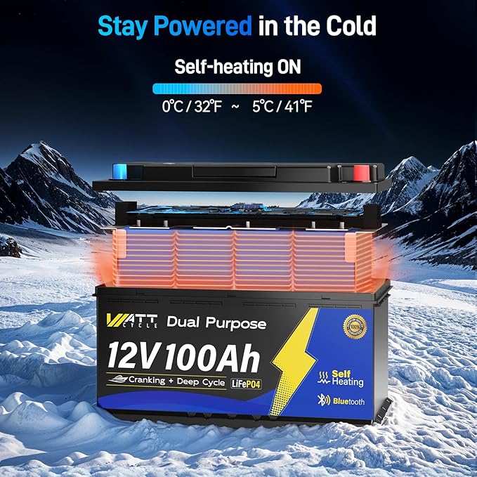 Wattcycle 12V 100Ah Marine Starting LiFePO4 Battery Bluetooth, [Cranking &Deep Cycle] Lithium Battery with Self-Heating, Built-in 200A BMS, Perfect for Trolling Motor, RV, Marine, Boat