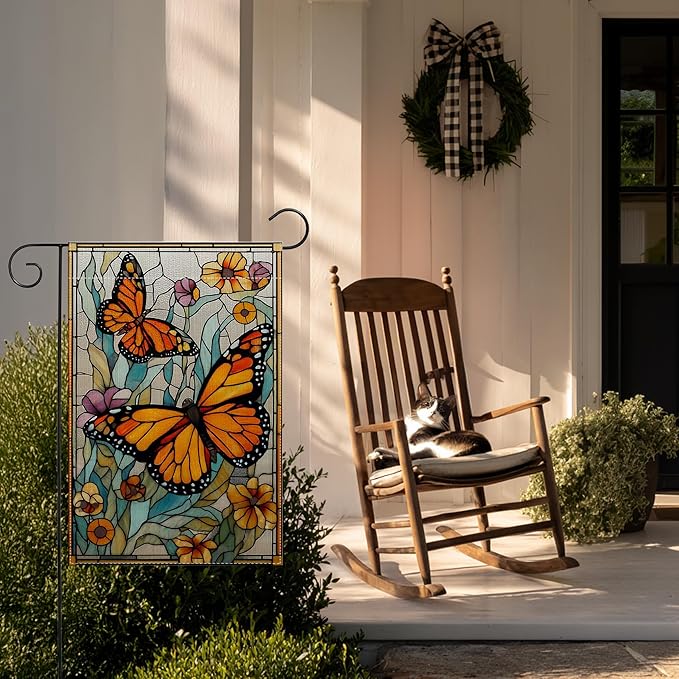 Garden Flags, Butterfly Garden Flag, Stained Glass Style Butterfly Floral Flag Double-Sided Flags for Farmhouse Yard Outdoor Decoration-12 x 18inch