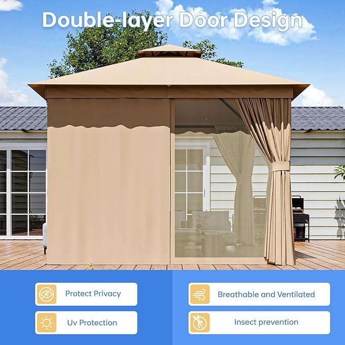 Outdoor Gazebo Metal Frame Patio Pergola Double Roofs Patio Canopy with Double-Layer Door and Mosquito Netting for Deck, Backyard, Lawn (Beige, 10x10FT)