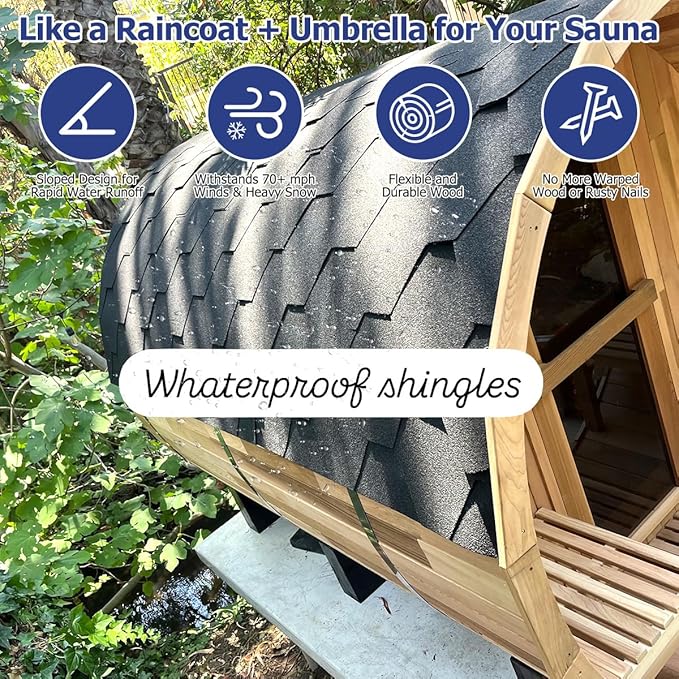 Outdoor Barrel Steam Sauna with Porch, Canadian Red Cedar Sauna 6 Person, 6KW ETL Toule Heater, 220V, Waterproofing System with Saunas Stones, Asphalt Shingles, Rubber Base(0-195℉)