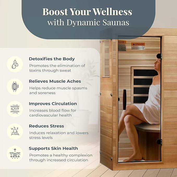 DYNAMIC SAUNAS Elite 1 Person Compact Ultra Low EMF FAR Infrared Sauna with Red Light Therapy & Bluetooth Speakers - Personal Indoor for Home & Gym