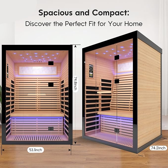 Home Sauna Far Infrared Sauna Dry Sauna for 2 Person,7-Colors LED Light Indoor Sauna Room with Low EMF 2160W,10 Minutes Pre-Warm up,Canadian Hemlock Wood