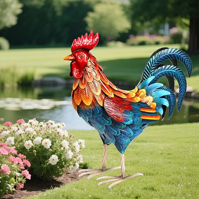 Shorayn Metal Rooster Statues Outdoor Garden Decor Metal Chicken Sculptures & Statues Chicken Ornaments Yard Art for Backyard Patio Lawn Decorations
