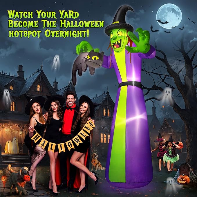 12FT Giant Halloween Inflatables Witch Outdoor Decorations, Huge Halloween Blow Up Spooky Witch Grabbing Black Cat Yard Decoration Built-in LEDs & Strong Blower Large Tall for Lawn Party