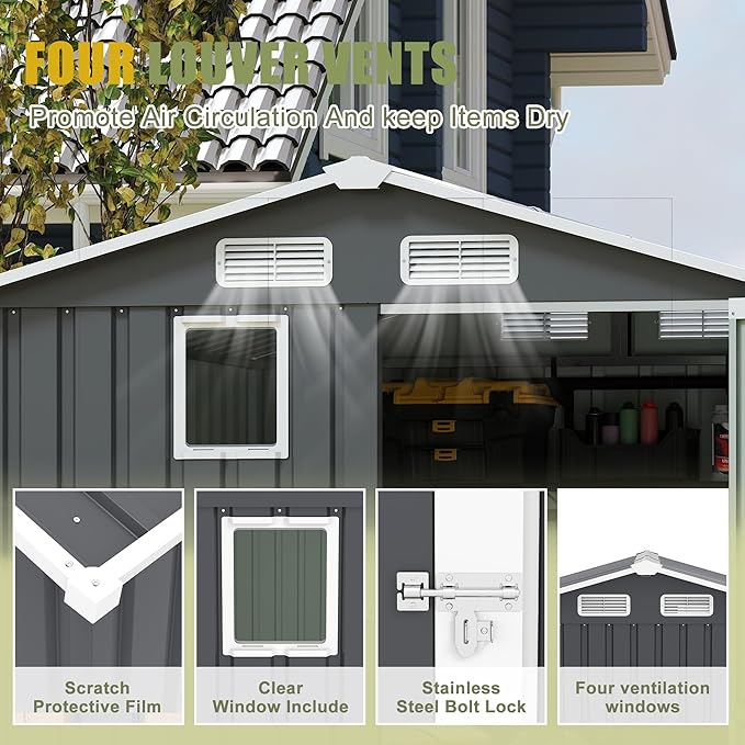 6x8 FT Sheds & Outdoor Storage,Steel Storage Shed with Lockable Doors and Window,Waterproof Garden Shed w/Roof Slope Design & Weather Versatility,Tool House for Storing Bicycles,Dark Gray