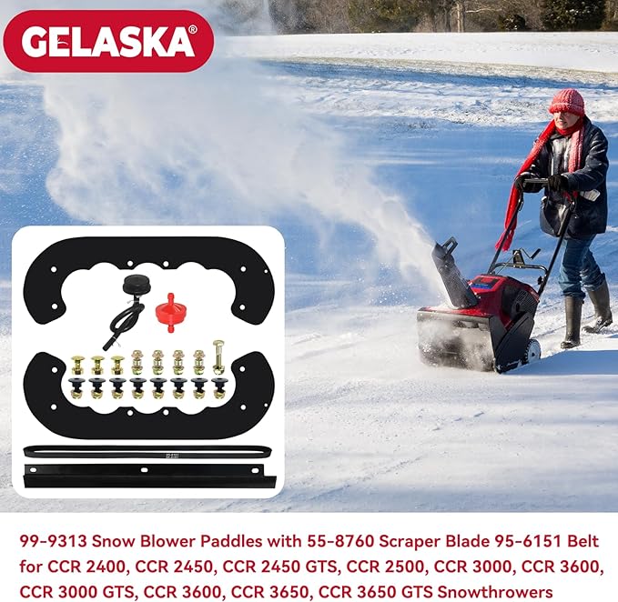 GELASKA 99-9313 Snow Blower Paddles with 55-8760 Scraper 95-6151 Belt Replaces 125-1128, 55-9250, 55-9251, 88-0771 for Toro CCR2400, CCR 2450 GTS, CCR2500, CCR3000, CCR3600, CCR 3650 GTS Snowthrowers