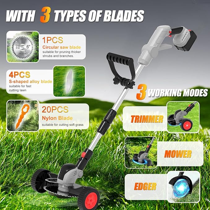 Electric Weed Wacker Eater Cordless String Trimmer Battery Powered, 21V/4000mAh Grass Trimmer Battery Operated Brush Cutter, 3 in 1 Lightweight Weed Trimmer/Lawn Edger/Trimmer Edger for Yard Garden