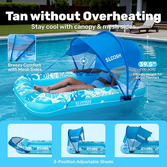 SLOOSH Inflatable Pool Floats Adult, 70" x 46" Tanning Pool with Canopy, 4 in 1 Lounger Float with Pillow, Suntan Tub Raft Floatie, Sunbathing Bed Lounge for Water Blow Up Kids Ball Pit Party Gifts