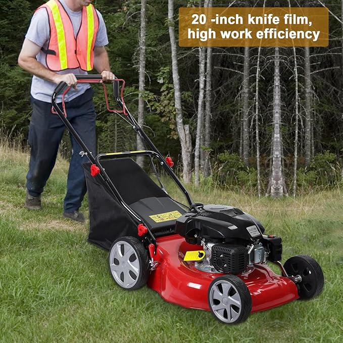 20 Inch 141cc Self Propelled Gas Lawn Mower, 4-Stroke Engine with 50L Grass Catcher, 7-Position Height Adjustment & Foldable Handle, Lawn Mower for Yard & Garden