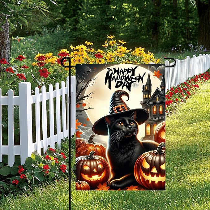 Happy Halloween Day Garden Flag Black Cat Flag Witch Hat Pumpkins 12x18 Inch Double Sided Spooky Outdoor Yard Decor House Banner Porch Lawn Patio Home Decoration