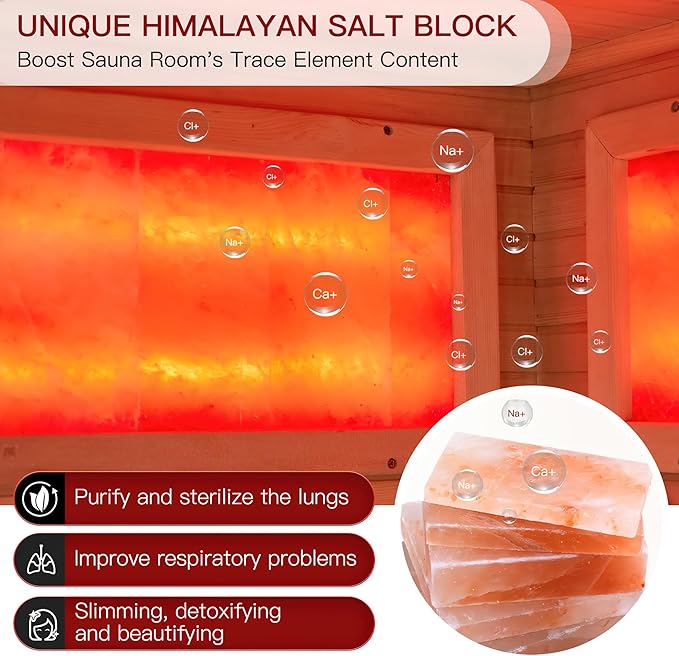 Infrared Sauna, 3-4 Person Home Sauna with Himalayan Salt Panel & 10 Minutes Warm-up System, Indoor Sauna Spa Room with Canadian Hemlock&Panoramic Tempered Glass,220V