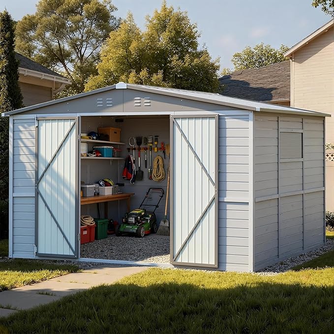 Galvanized Steel Frame & Solid Fir Wood Wall Shed | 8x10ft Outdoor Storage Shed with 10-Grade Waterproof Roof & 9-Level Wind Resistance, Lockable Double Doors & Windows for Garden, Lawn, Patio