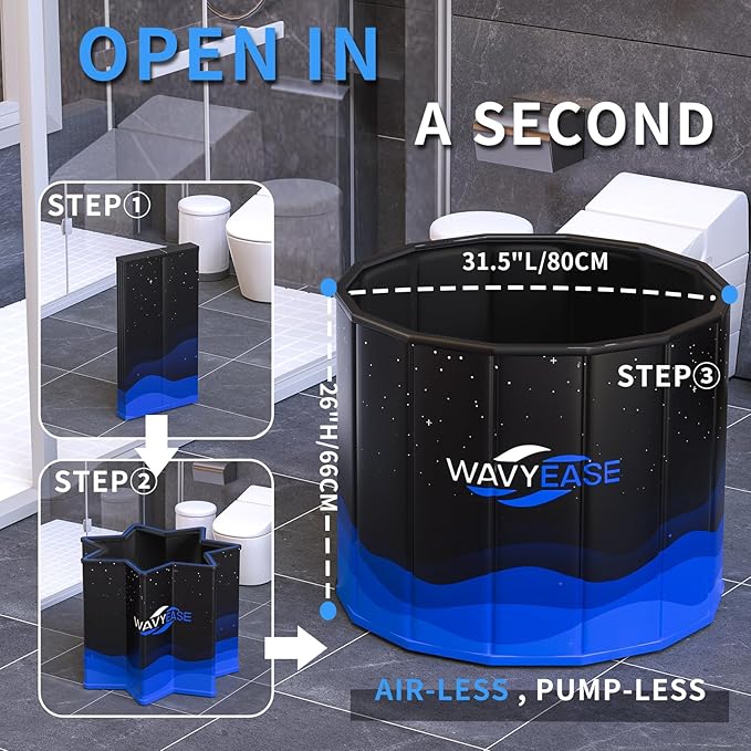 WAVYEASE Portable Bath Tub for Adults -(31.5"L x 26"H) Foldable Cold Plunge Tub for Recovery - Collapsible Soaking Bath Tub for Shower Stall Home SPA - Outdoor Ice Bathtub for Athletes (Black)
