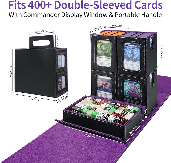 AFIING Commander Deck Box for MTG, Holds 400+ Double-Sleeved Cards, 4 Removable Deck Cases with Display Window, Dice Tray/Handle,Trading Card Storage Organizer/Dividers for TCG (Black Purple)