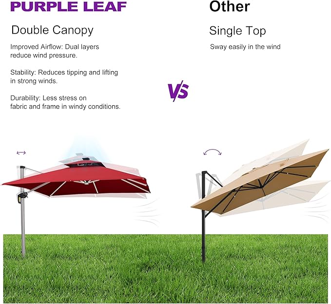 PURPLE LEAF 11 Feet Double Top Deluxe Solar Powered LED Square Patio Umbrella Offset Hanging Umbrella Outdoor Market Umbrella Garden Umbrella, Terra