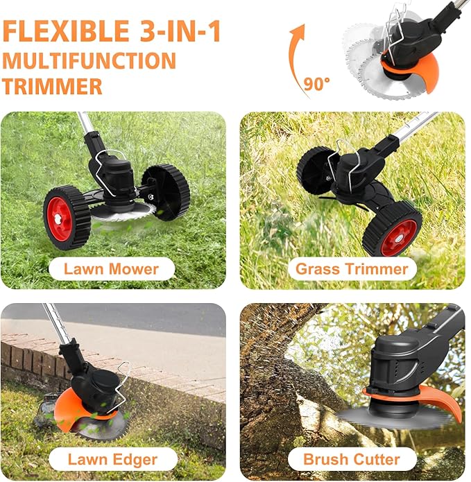 24V Electric Weed Wacker, Cordless String Trimmers with 2 Batteries & Charger, 3 in 1 Stringless Brush Cutter/Weed Eater/Edger/Lawn Mower with 3 Types Blade & Wheels for Garden and Yard Lawn