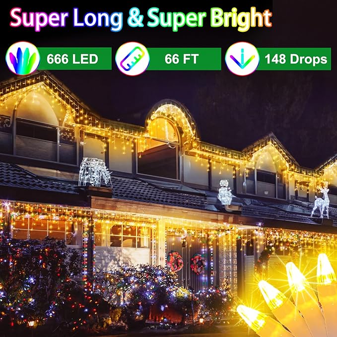 66FT 670 LED Outdoor Christmas Lights - 148 Ice Drops, 12 Pro Modes with Timer Memory & Brightness, Waterproof Hanging Ice String Light for Holiday Wedding Garden Fence House Decor (Warm White)