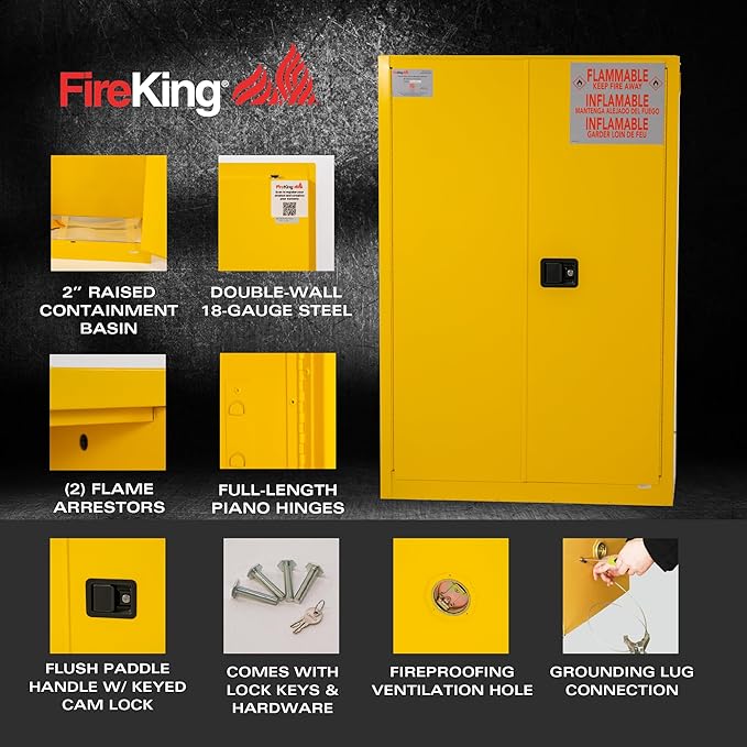 FireKing Yellow Flammable Safety Cabinet, Flammable Liquids Storage Cabinet, 45 Gallon Steel Safety Cabinets with Manual Door for Commercial, Industrial & Home Use, 43" x 18" x 65"