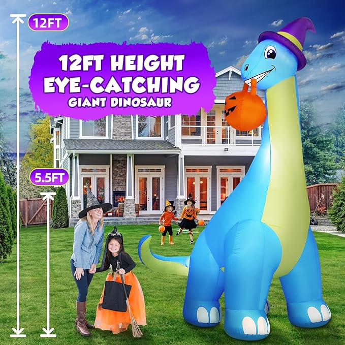 12Ft Giant Halloween Inflatable Decorations Dinosaur, Build-in LEDs & Strong Blower Bite Huge Pumpkin with Witch Hat Large Blow Up Halloween Yard Outdoor Indoor Holiday Party