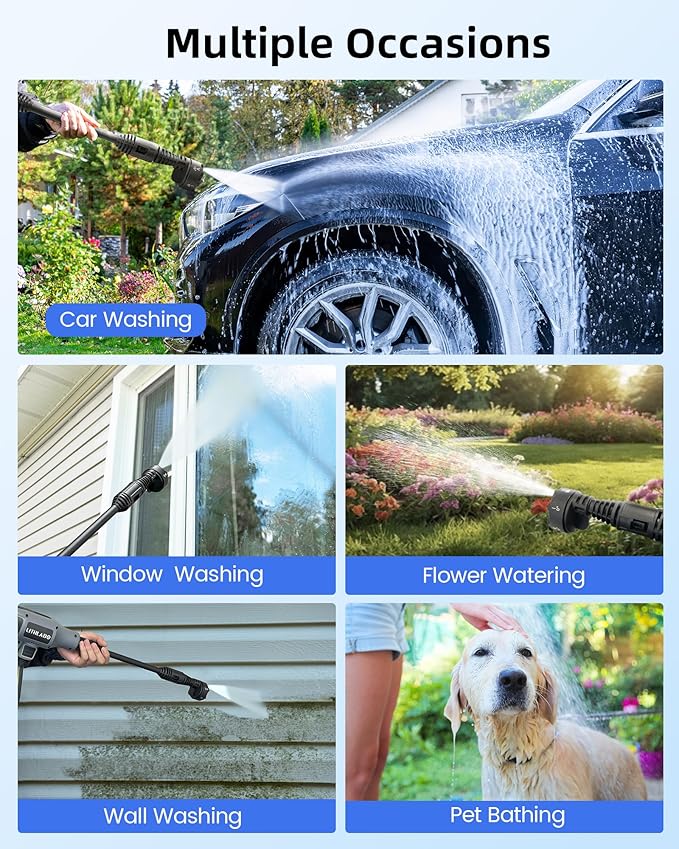Cordless Pressure Washer 1080PSI Portable High-Pressure for Car Wash Outdoor Cleaning, 6-in-1 Adjustable Nozzle,Battery & Adaptor Included (2X 4Ah)