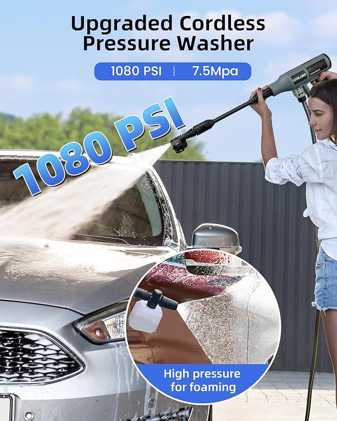 Cordless Pressure Washer 1080PSI Portable High-Pressure for Car Wash Outdoor Cleaning, 6-in-1 Adjustable Nozzle,Battery & Adaptor Included (2X 3Ah)