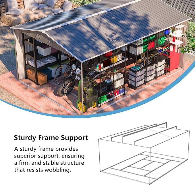 10x14 FT Shed Outdoor Storage Metal Large Garden Tool Sheds with 3 Lockable Doors Floor Frame Gable Roof Waterproof Steel Utility Equipment Sheds for Backyard Patio Lawn Poolside, Grey