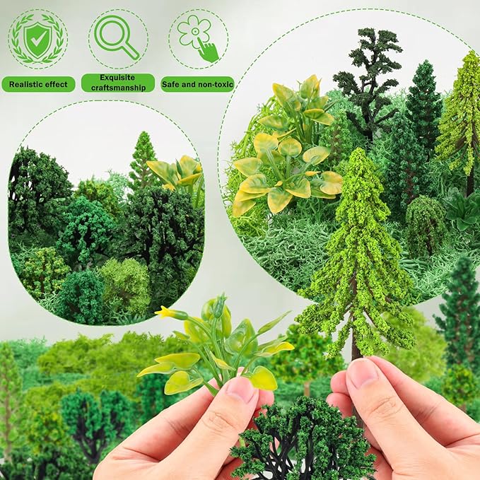 36 Pcs Green Mixed Model Trees with 40g Moss, Diorama Trees Grass Mini Fake Miniature Trees Moss for Building Model, Model Train Scenery, Natural Green Landscape, Railroad Scenery