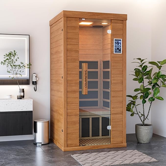 Polar Aurora 1- Person Infrared Sauna, Remotely Controllable Indoor Sauna, Low EMF 1200W/120V LCD Heater, WiFi & BT Control, 9-Color Light Therapy, Safe Flame-Retardant Material, Wood