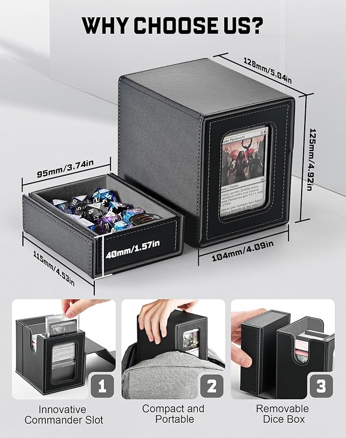 ZLCA MTG Commander Deck Box with Display Window, Card Deck Box Holds 100 Double-Sleeved with Dice Tray & 35pt Magnetic Card Holder （Black&Grey）