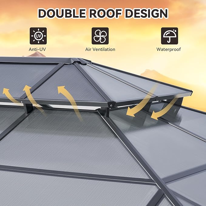 Aoxun 12'x16' Hardtop Gazebo, Aluminum Frame Permanent Pavilion with Curtains and Netting, Outdoor Polycarbonate Double Roof Canopy, Designed for Garden, Lawns (Gray)