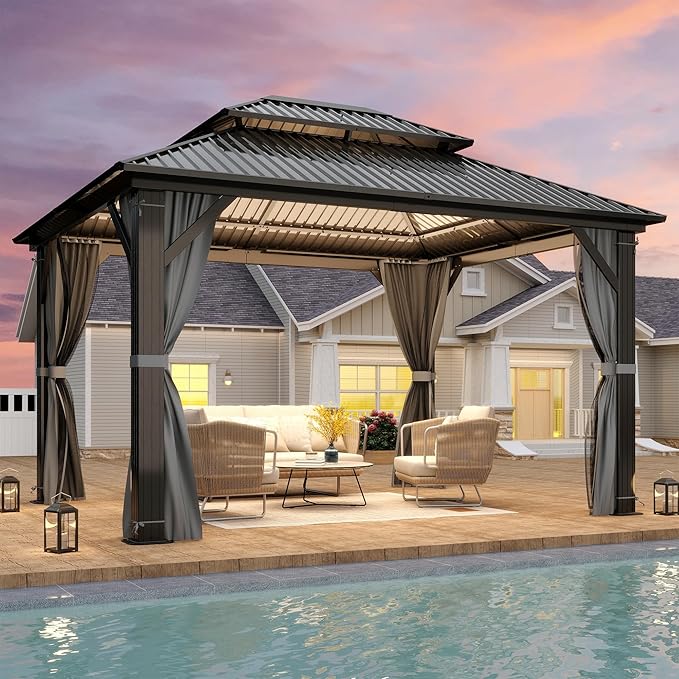 10 X 12ft Hardtop Gazebo, Galvanized Steel Double Roof Gazebo with Nettings and Curtains, Outdoor Aluminum FrameVertical Stripes Roof Permanent Pavilion for Patio, Backyard, Lawns
