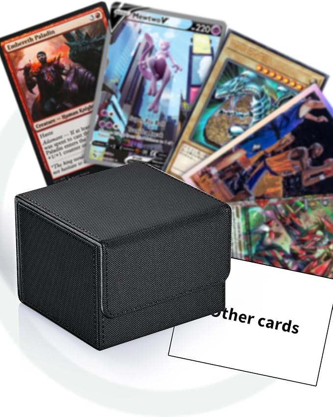 ZLCA Card Deck Box with 2 Dividers for MTG Cards, Large Horizontal Card Storage Box Fits 150+ Single Sleeved Cards, PU Leather Commander Deck Box for TCG CCG (Black& Blue)