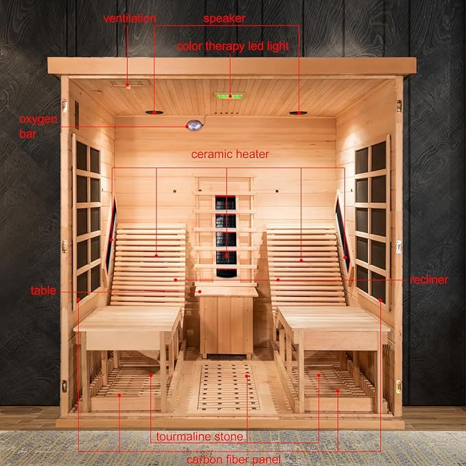 Infrared Sauna with Recliner, 2 Person Hemlock Wooden Dry Saunas with 220V/3400W, Indoor Home Sauna Spa with 9 Heating Panels, Bluetooth Speaker, 7 Color Lights, Oxygen Bar