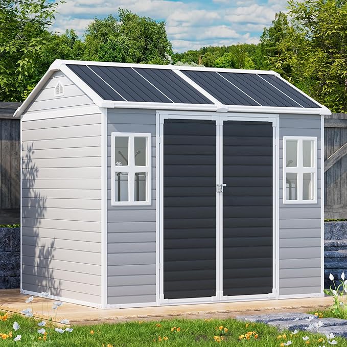 8x6 FT Resin Storage Sheds with Floor Windows Inlcuded, Waterproof Plastic Outdoor Shed Kit, Large Outside Tools Sheds for Backyard Garden Patio Lawn