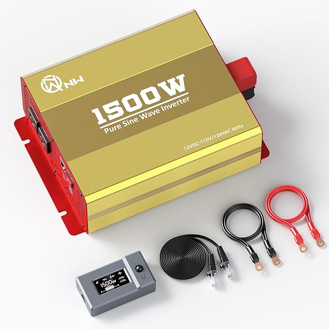 1500W Pure Sine Wave Power Inverter, DC 12V to AC 120V Converter with 3000W Surge, LCD Display, Remote Control, 2 USB Ports & 3 AC Outlets — for RV, Solar, Home Backup
