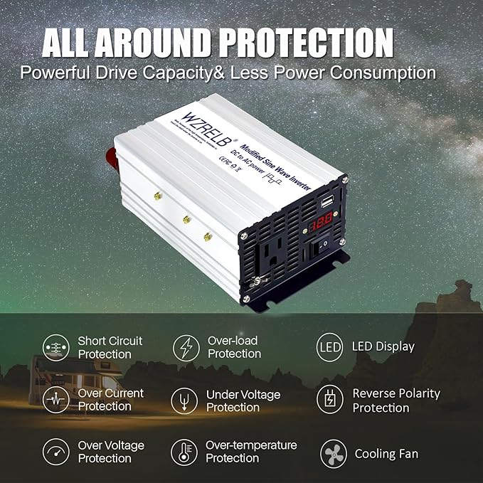 WZRELB 500W Power Inverter 12V DC to 110V 120V AC,Modified Sine Wave Car Inverter for Vehicles with LED Display,5V/2.4A USB Port,Soft Starter,Off-Grid Power Converter with High Efficiency up to 90%