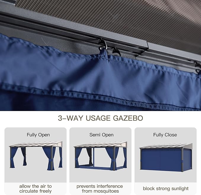10’ x 28’ Gazebo for Patio,Wall Mounted Gazebo with Sloping Polycarbonate Roof,Aluminum Frame Outdoor pelgole w/Netting & Curtain for Garden,Backyard,Navyblue