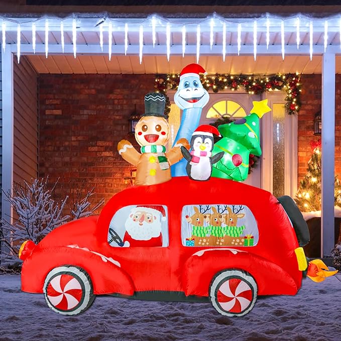 MUMTOP Christmas Car Inflatable-Christmas Inflatable Outdoor Decoration - 7.7 FT Lighted Inflatables Santa Carry Reindeer, Gingerbread, Penguin, Tree and Dinosaur, Blow Up Decor
