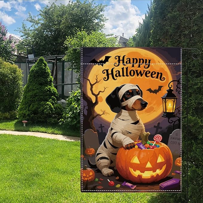 Halloween Garden Flag Scary Dog Bat Fall Halloween Themed Holiday Party Outside Outdoor Lawn Decorations Yard Flag Double Sided 12x18 Inch
