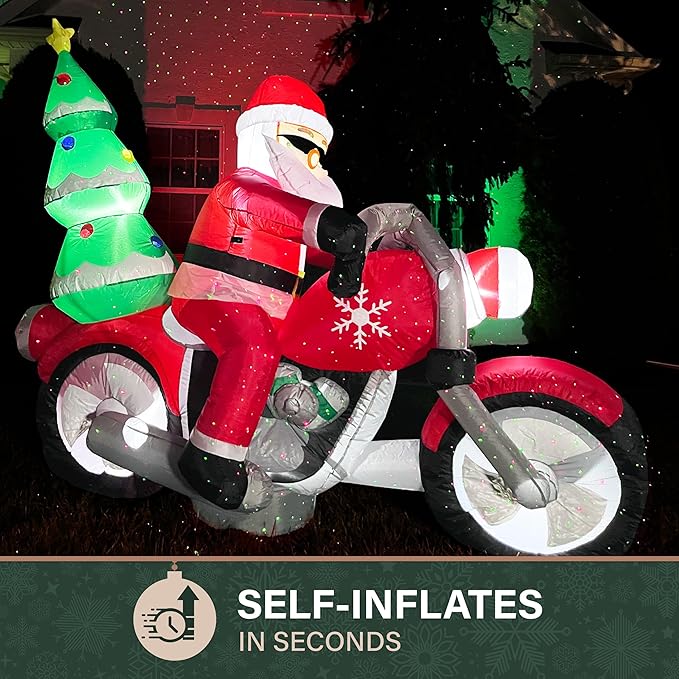 Fraser Hill Farm 7-Ft. Wide Santa on Motorcycle Blow Up Inflatable with Lights, Outdoor Christmas Inflatable Decoration for Lawn and Yard, Giant Festive Holiday Decor