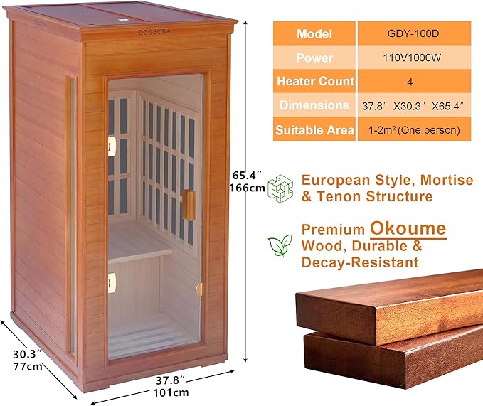 Far Infrared Home Sauna 1 Person, 1000W 110V Dry Indoor Sauna Okume Wood with 4 Heating Panels, Bluetooth Speaker, LED Lights and Glass Door, Room: 37.8 x 30.3 x 65.4 inches