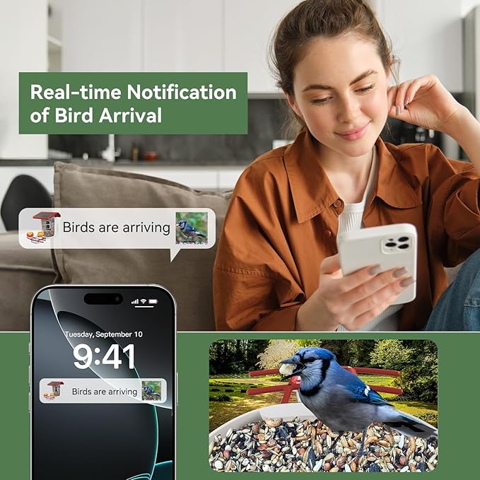 Smart Bird Feeder with Camera, Solar Bird Feeder - 2K HD Live Video Camera AI Identify Birds, Visible Window Auto Capture -Instant Arrival Alerts, Birds Lover Gifts (Red)
