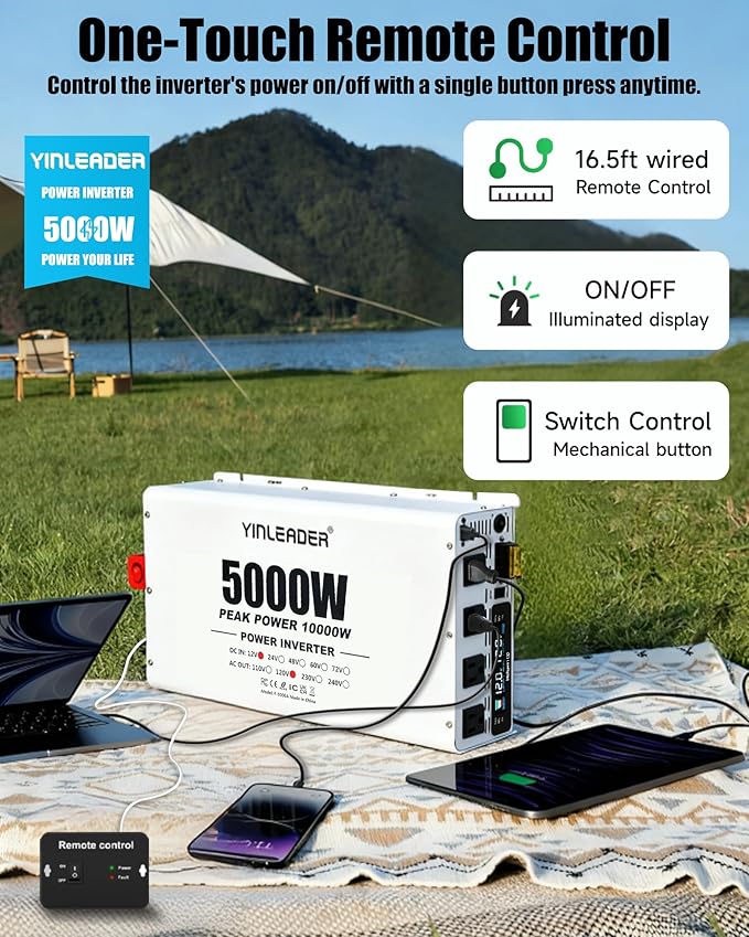 5000W Power Inverter 12V to 110V/120V, Solar Inverter Remote for RV Camping Off-Grid Solar Inverter Systems