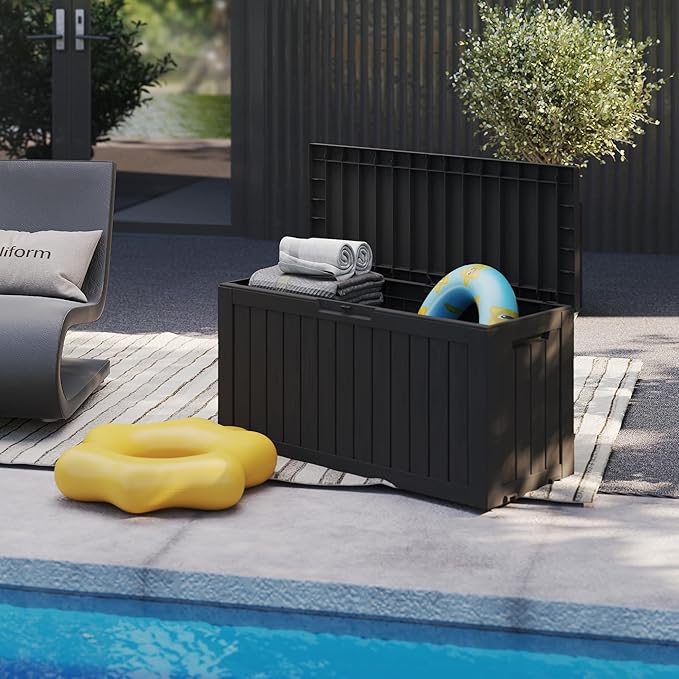 80GAL PLUS Rolling Black Outdoor Deck Box with Lock Hole - Waterproof, SGS - Certified UV Protection, All - Weather Resin, Easy to Move for Poolside or Patio Storage, Effortless Setup