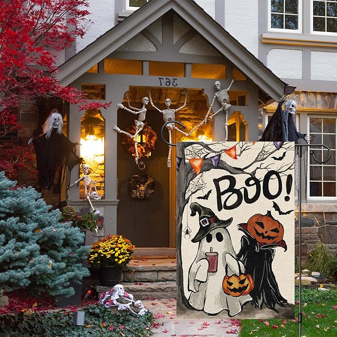 Halloween Garden Flag 12x18 Inch Double Sided for Outside, Small Burlap Boo Ghost Pumpkin Yard Flag Holiday Outdoor Decorations