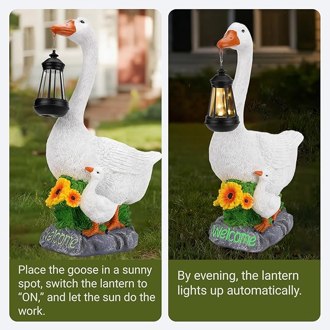Solar Porch Goose Statue, Outdoor Goose Decor with Lantern for Yard Lawn Patio Balcony, Birthday Christmas Housewarming Gifts for Mom, Grandma, Women, 20 Inch, Resin